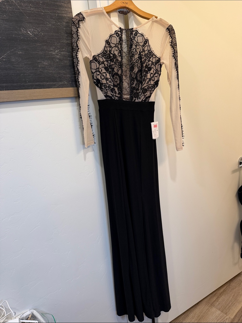 Elegant Black & Nude Lace Long Sleeve Evening Dress